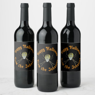 Happy Halloween black yellow spider custom name Wine Label