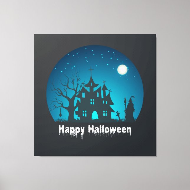 Happy Halloween Blue and Black Haunted House Canvas Print (Front)