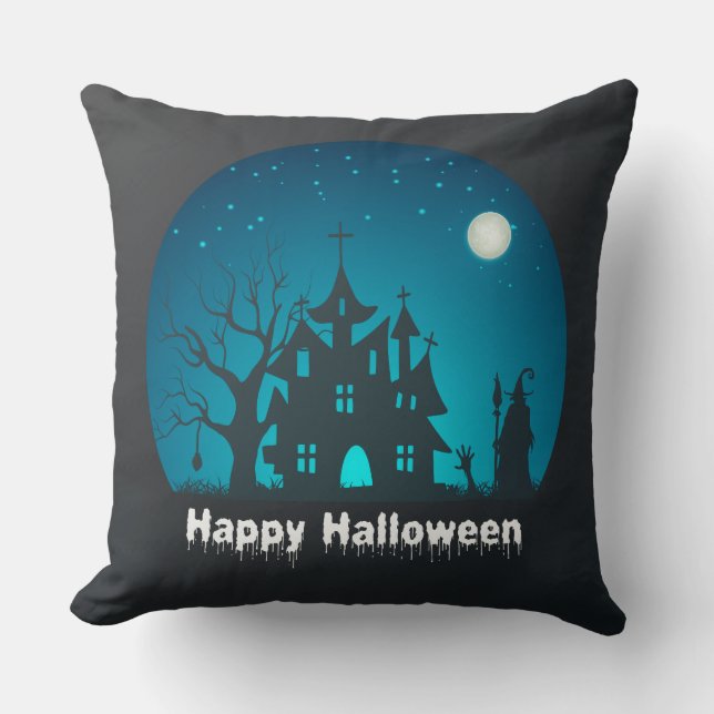 Happy Halloween Blue and Black Haunted House Cushion (Front)