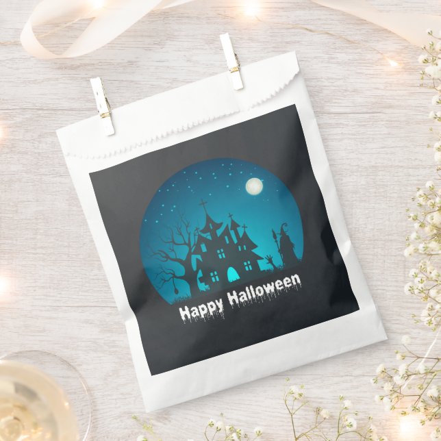 Happy Halloween Blue and Black Haunted House Favour Bags (Clipped)