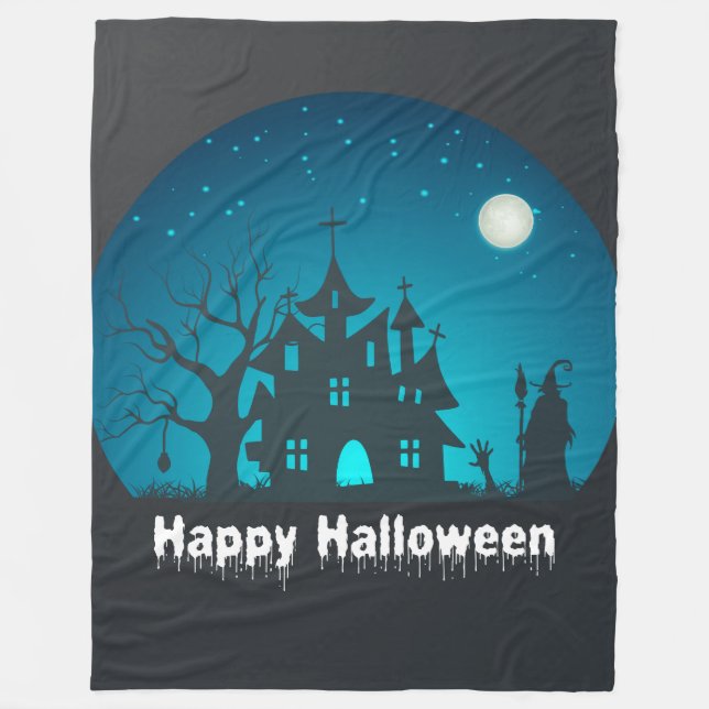 Happy Halloween Blue and Black Haunted House Fleece Blanket (Front)