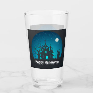 Happy Halloween Blue and Black Haunted House Glass