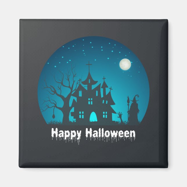Happy Halloween Blue and Black Haunted House Magnet (Front)