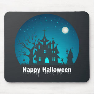 Happy Halloween Blue and Black Haunted House Mouse Mat