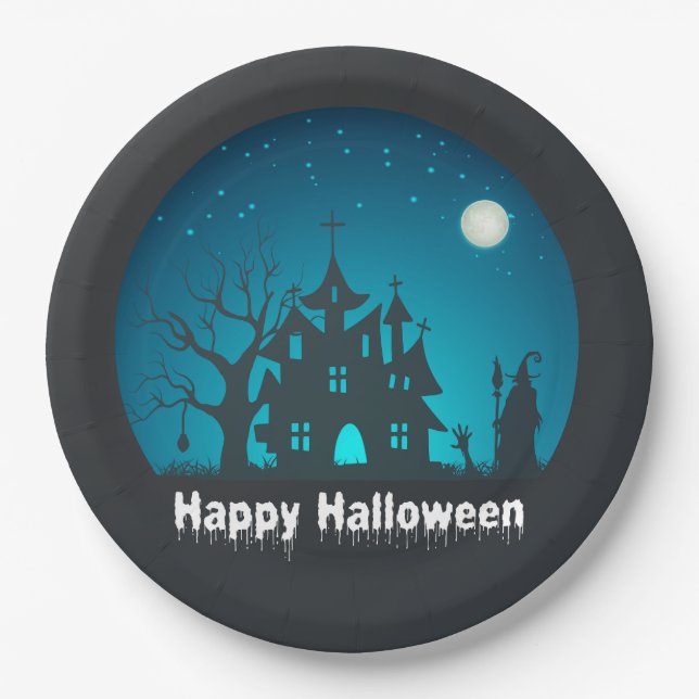 Happy Halloween Blue and Black Haunted House Paper Plate (Front)