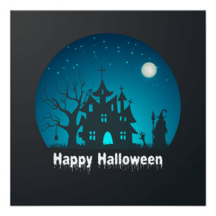 Happy Halloween Blue and Black Haunted House Poster