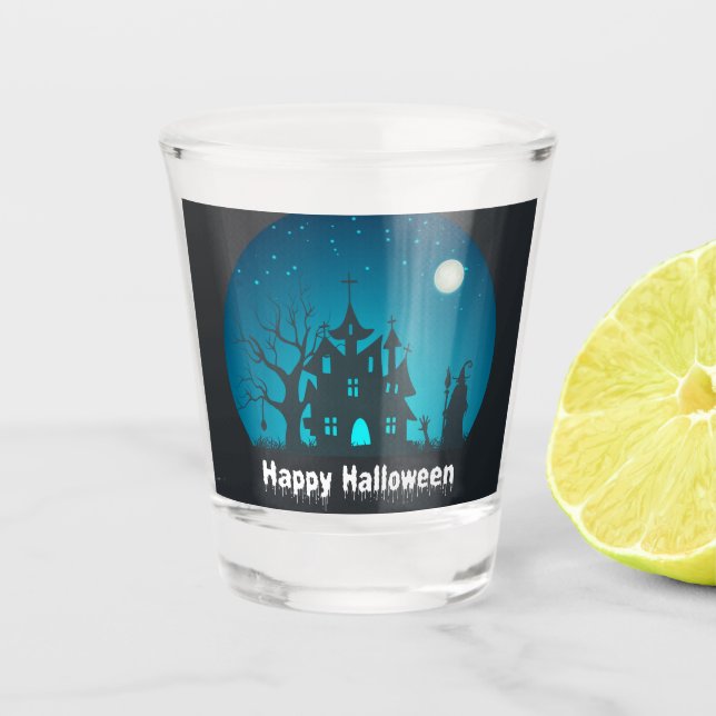 Happy Halloween Blue and Black Haunted House Shot Glass (Front)