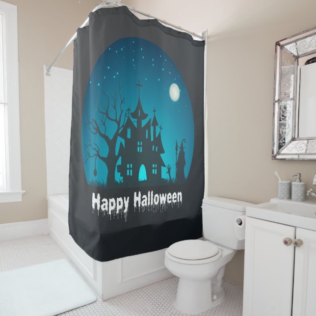 Happy Halloween Blue and Black Haunted House Shower Curtain (In Situ)