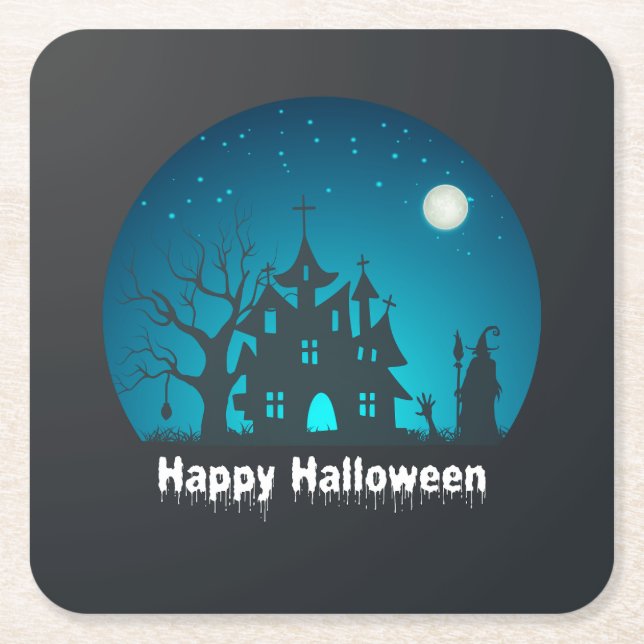 Happy Halloween Blue and Black Haunted House Square Paper Coaster (Front)