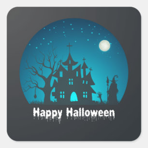 Happy Halloween Blue and Black Haunted House Square Sticker