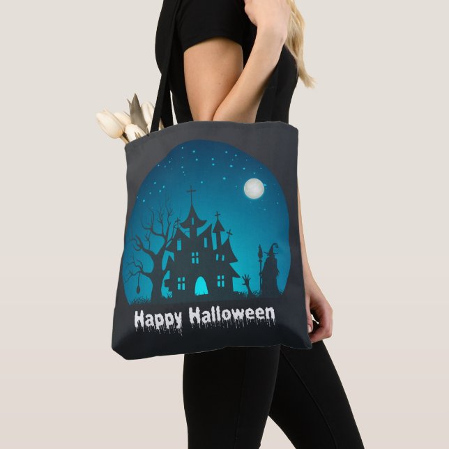 Happy Halloween Blue and Black Haunted House Tote Bag (Close Up)