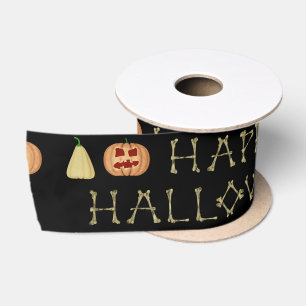 Happy Halloween Bone Letters Black Satin Ribbon