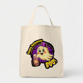 Happy Halloween BOO! Cute Retro Ghost with Lantern Tote Bag