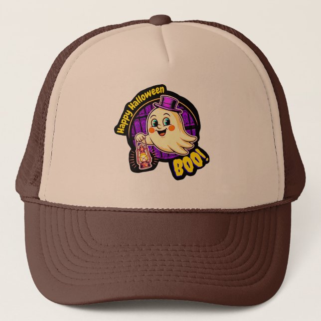 Happy Halloween BOO! Cute Retro Ghost with Lantern Trucker Hat (Front)