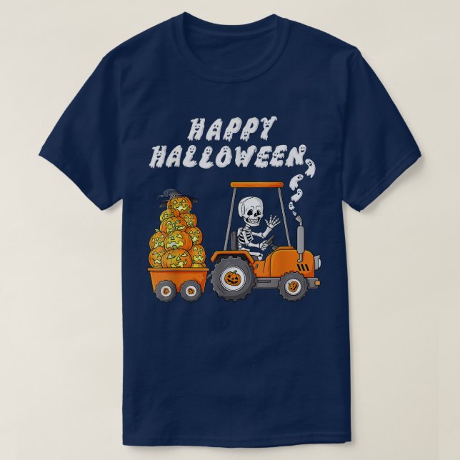 Happy Halloween Boo Skeleton Riding Tractor Carry  T-Shirt (Design Front)