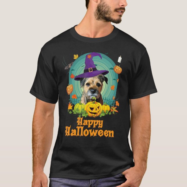 Happy Halloween Border Terrier Dog Pumpkin Witch G T-Shirt (Front)