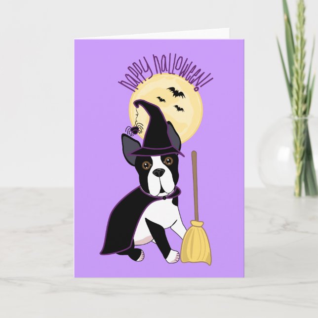 Happy Halloween Boston Terrier Witch Card (Front)