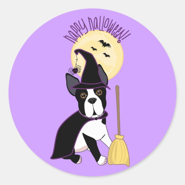 Happy Halloween Boston Terrier Witch Classic Round Sticker (Front)