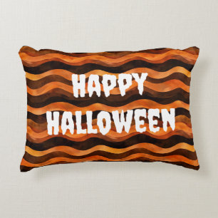 Happy Halloween Brown & Orange Wavy Lines Decorative Cushion