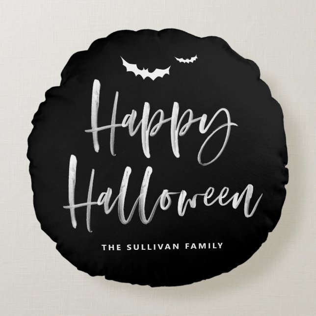 Happy Halloween Brush Lettering Black and White Round Cushion (Front)