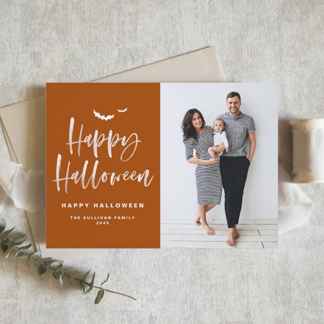 Happy Halloween Brush Lettering Burnt Orange Photo Holiday Card (A festive photo  Halloween card featuring white brush lettering on a burnt orange background. )