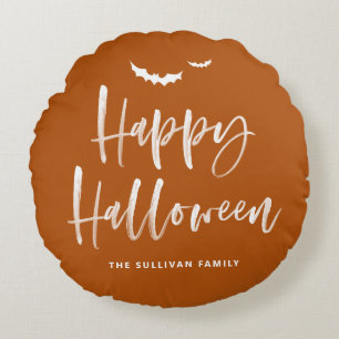 Happy Halloween Brush Lettering Burnt Orange Round Cushion