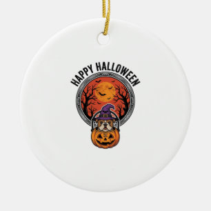 Happy Halloween Bulldog Witch Pumpkin Vintage Shir Ceramic Tree Decoration