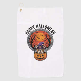 Happy Halloween Bulldog Witch Pumpkin Vintage Shir Golf Towel