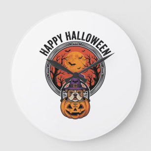 Happy Halloween Bulldog Witch Pumpkin Vintage Shir Large Clock