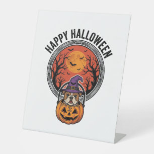 Happy Halloween Bulldog Witch Pumpkin Vintage Shir Pedestal Sign