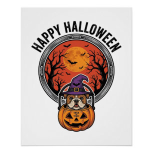 Happy Halloween Bulldog Witch Pumpkin Vintage Shir Poster