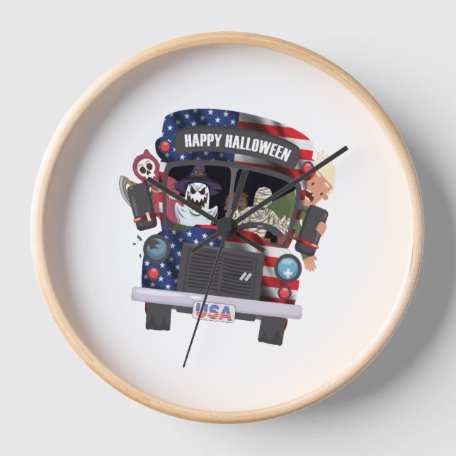 happy halloween bus shirt Party people Clock (Front)