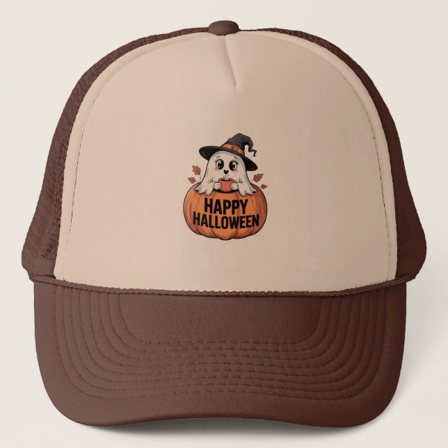 Happy Halloween Caffeine Ghost Trucker Hat (Front)