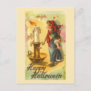 Happy Halloween Candlestick and Girl Vintage Postcard