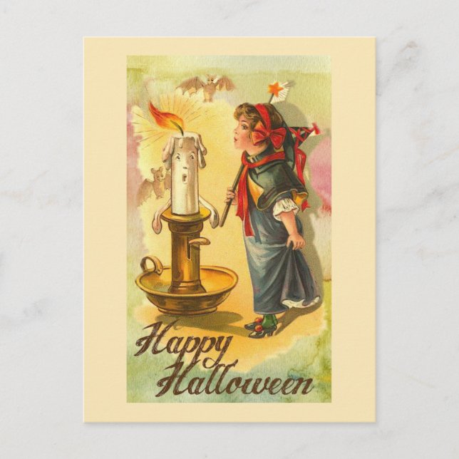 Happy Halloween Candlestick and Girl Vintage Postcard (Front)