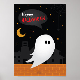 Happy halloween cartoon ghost town night poster