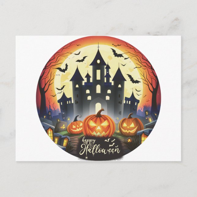 Happy Halloween Castle Bats Pumpkins Halloween Holiday Postcard (Front)