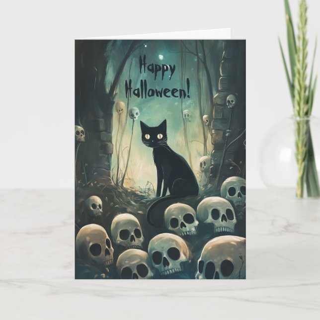 Happy Halloween Cat among Skulls Thank You Card (Front)