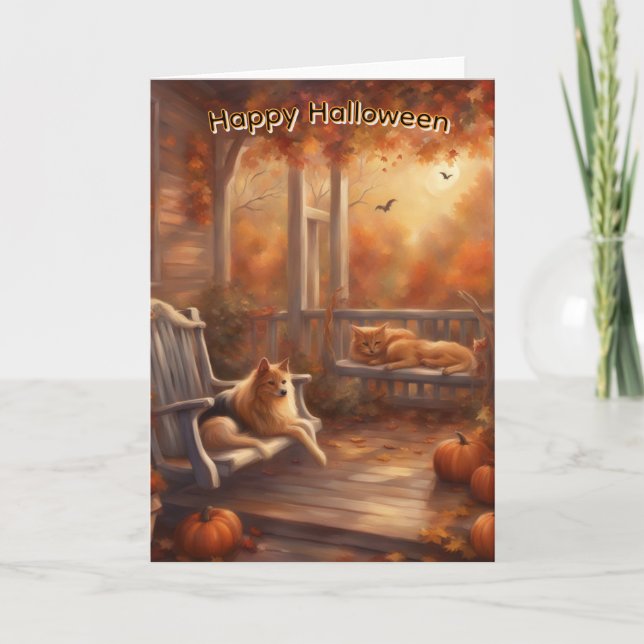 Happy Halloween cat and dog on a front porch Card (Front)