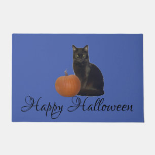 Happy Halloween Cat and Pumpkin on Blue Door Mat