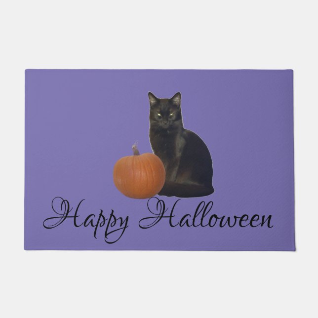 Happy Halloween Cat and Pumpkin on Purple Door Mat (Front)