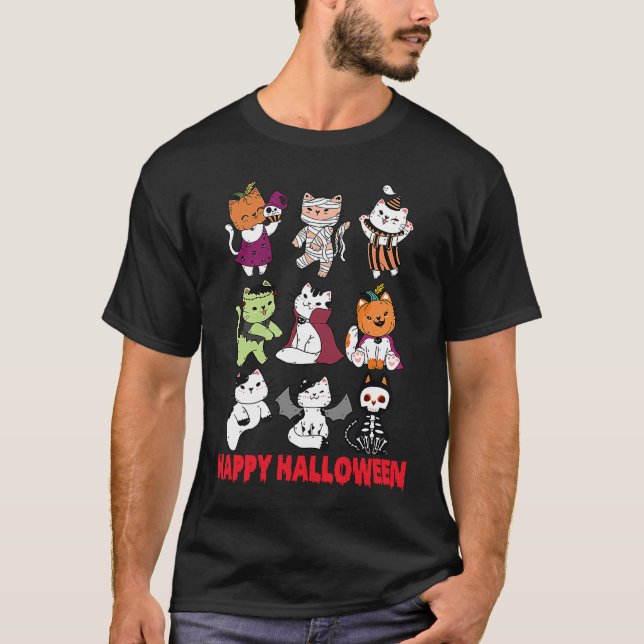 Happy Halloween Cat Characters Mummy Dracula Bat S T-Shirt (Front)