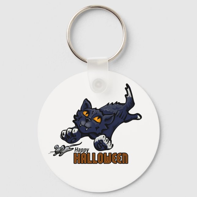Happy Halloween Cat Chasing Mouse Key Ring (Front)