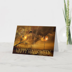 Happy Halloween Cat Eyes Haunted Trees Black Card