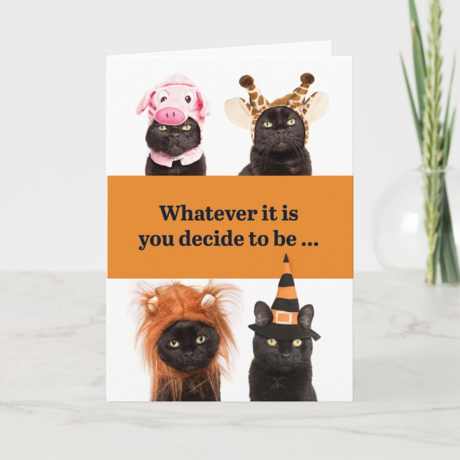 	Happy Halloween Cat in Costumes Humour  Holiday Card (Front)