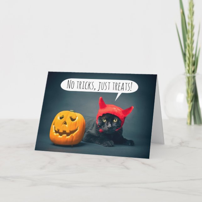 Happy Halloween Cat in Devil Costume Humour Holiday Card (Front)