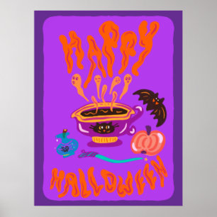 Happy Halloween Cat Lover witch cup of coffee Poster