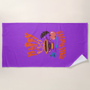 Happy Halloween cat lover witch’s cup of coffee Beach Towel