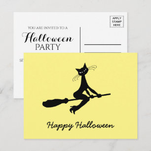 Happy Halloween, Cat On Broomstick Invitation