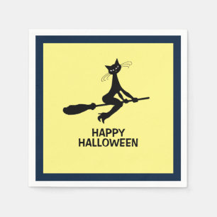 Happy Halloween, Cat On Broomstick Napkin